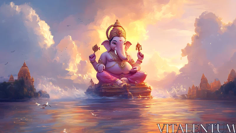 Radiant riverfront Ganesha seated in sunrise blessings.