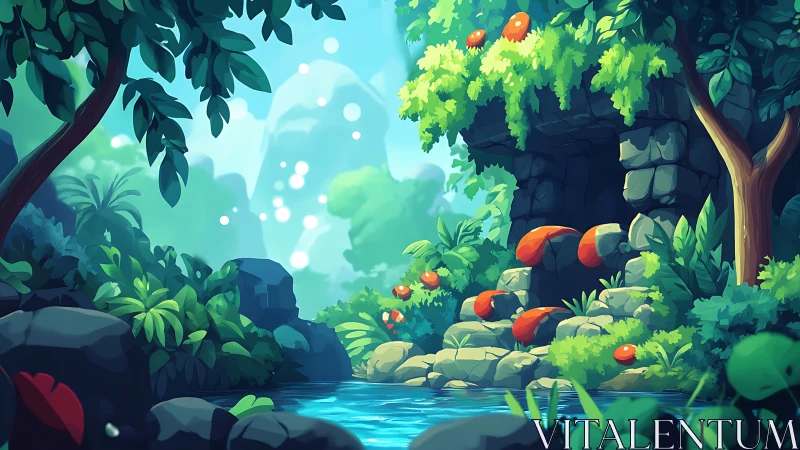 Enchanted Forest Sanctuary with Glowing Stream