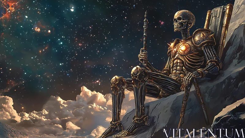 Skeletal cosmic monarch seated on throne above clouds.