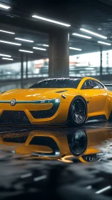 Yellow electric concept car in wet urban garage at night.