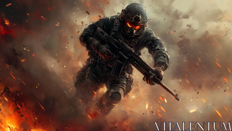 Armored soldier charging through explosive battlefield chaos.