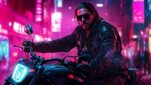 Motorcyclist in neon urban street with vivid pink lighting.