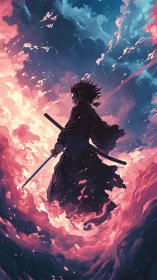 Samurai silhouette within swirling pink and blue clouds.
