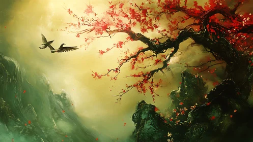 Red-blossomed tree above misty cliffs with flying birds.