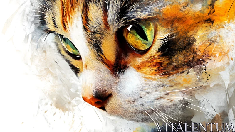 Feline Portrait with Dynamic Watercolor Rendering and Emerald-Amber Iris Definition