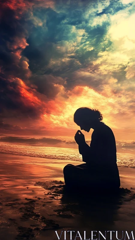 Silhouetted figure kneels on reflective shore under layered clouds.