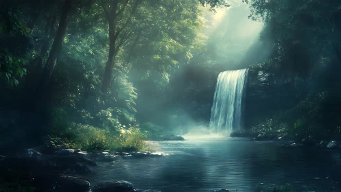 Waterfall descending into forested pool with atmospheric light diffusion