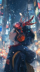 Starlit city wanderer pauses to dream beneath falling snow