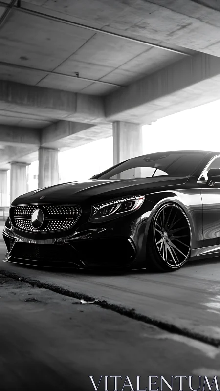 Sleek black sports coupe poised under an urban overpass.