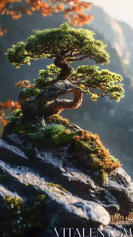 Gentle bonsai tree basking in soft mountain sunlight.