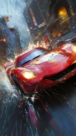 Dynamic digital painting of red race car in neon rainstorm.