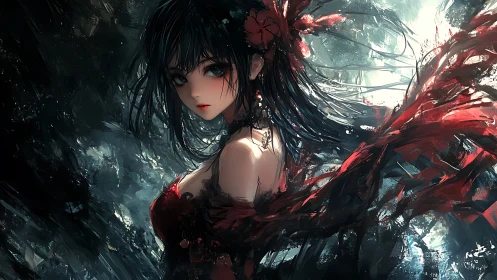 Dark haired anime woman in red dress stands amid abstract motion
