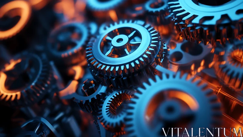 3D steel gears interlocking under blue and orange light.