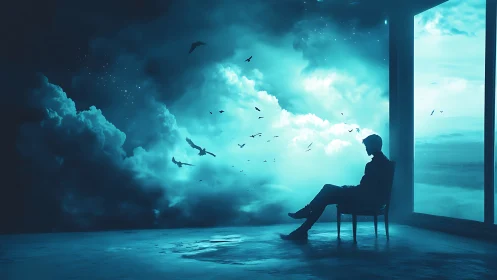 Silhouetted dreamer sits before luminous cloud portal