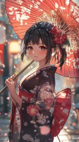 Anime kimono portrait with parasol and soft bokeh lighting.