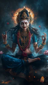 Divine blue-clad goddess in meditative floating pose.