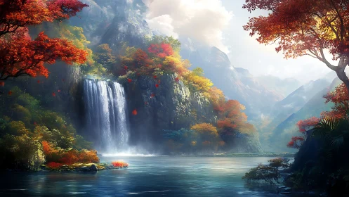 Luminous autumn waterfall valley in panoramic digital painting.
