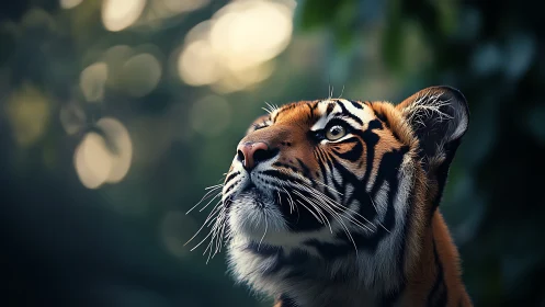 Forest-starlit tiger gazes upward, whiskers catching twilight.