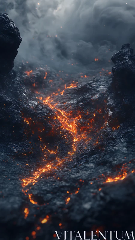 Molten Lava Flow Through Dark Volcanic Canyon.