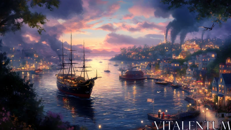 Sunset harbor city with tall ship and glowing waterfront.