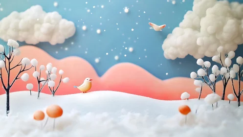 Small stylized birds occupy a constructed snowy landscape
