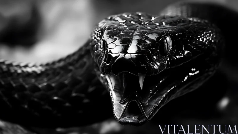 Close-up monochrome view of fanged snake head in focus.