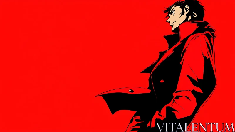 Stylized male figure in red and black coat on red background