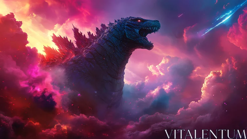 Cosmic kaiju silhouette dominates neon storm clouds.