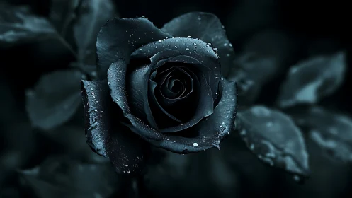 Macro monochrome rose with low-key contrast and surface droplets.