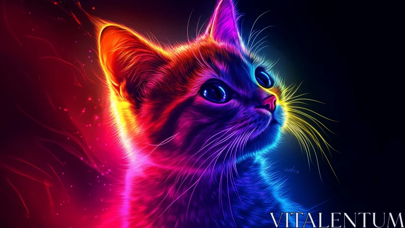 Neon rim-lit kitten portrait with vibrant chromatic gradients
