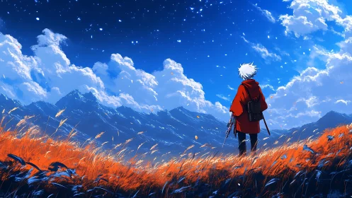 Solitary figure in red coat facing distant mountain range.