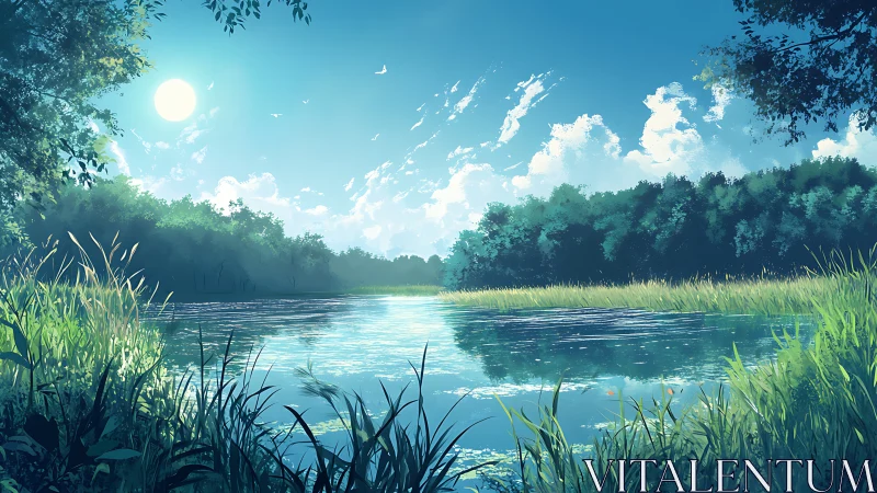 Calm river under bright sky with dense green tree line.