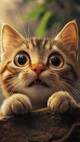 Wide-Eyed Woodland Kitten Paused in Golden Wonderment.