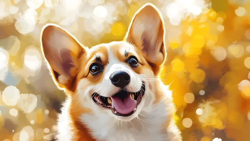 Joyful corgi portrait glows in warm golden bokeh light.