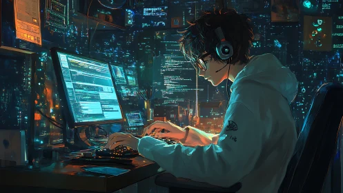 Midnight coder bends neon data streams into quiet brilliance