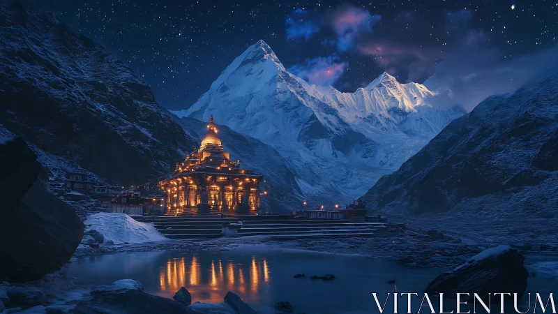 Golden mountain temple glowing under a calm winter night.