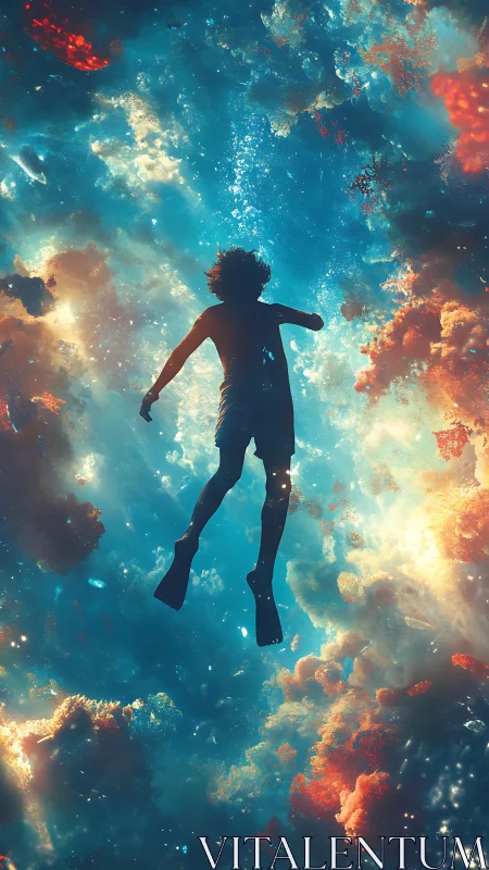 Silhouette diver drifting through celestial nebula waters.