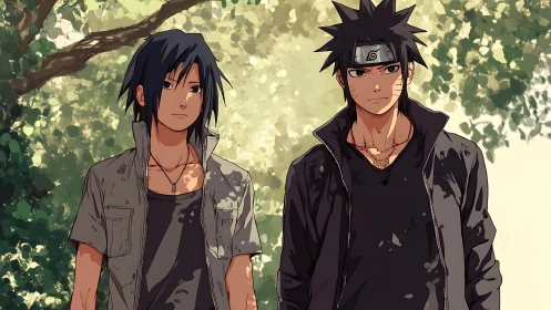 Anime duo rendered under dappled forest light in soft cel shading