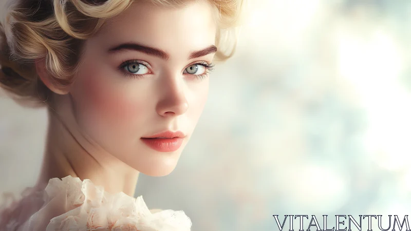 Soft-focus portrait of blonde woman in pastel light.