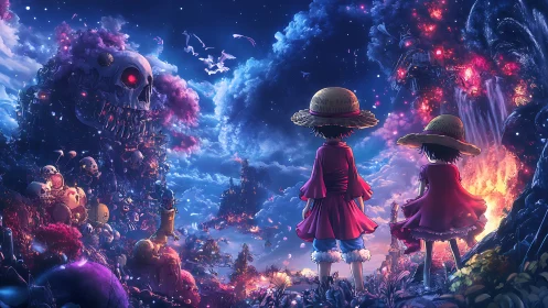 Two kids face flaming fantasy skull island under night sky.