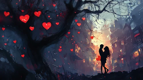 Lovers silhouetted beneath floating hearts in a glowing cityscape.