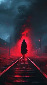 Hooded figure on burning rails under stormy night sky.