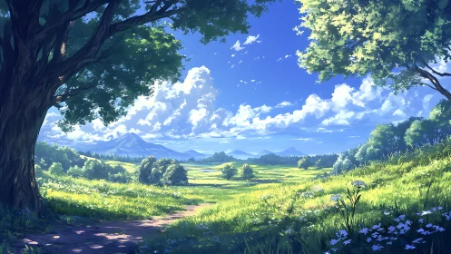 Sunlit green meadow stretches toward distant gentle mountains