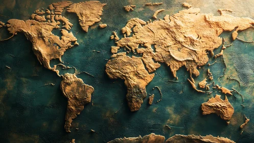 Textured world map relief glows over deep teal oceans.