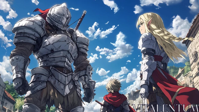 Armored knight, elven warrior and squire under dramatic sky
