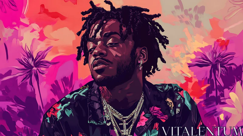 Stylized portrait of man in floral shirt against neon tropical backdrop