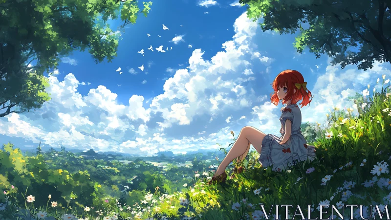 Red-haired girl on hillside under expansive clouded sky.
