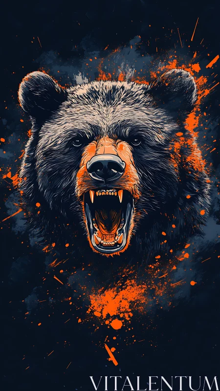 Roaring bear head with orange splatter on dark background.