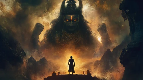 Colossal fiery deity looming over lone warrior silhouette.