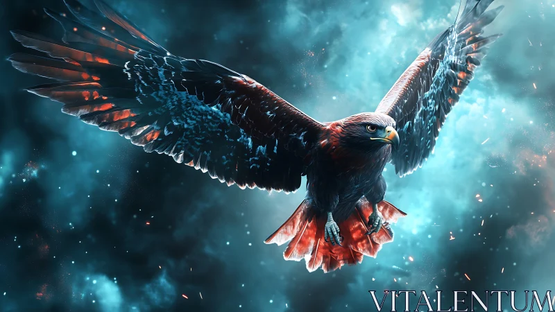 Majestic Eagle in Flight Amidst Vivid Blue and Red Fantasy Sky.